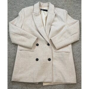 ZARA Cream Tweed Wool Blend Fitted Pea Steampunk Coat Size Small‎ EUC